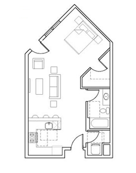Floor plan for studio, 1 bath, 610 sqft